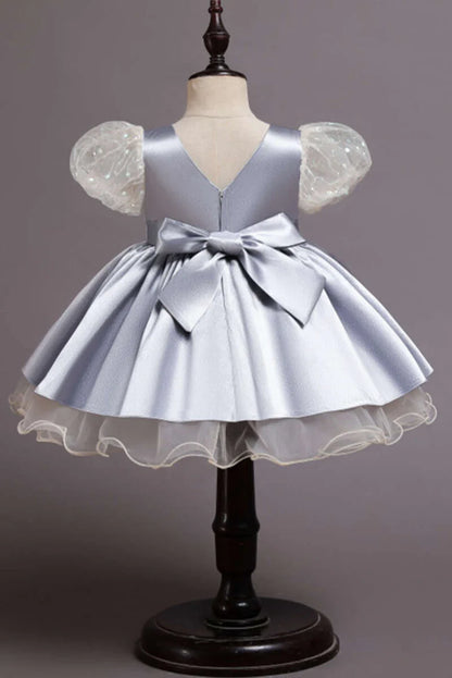 Wine Red Sequin Puff Sleeve Bow Girl Ball Gown