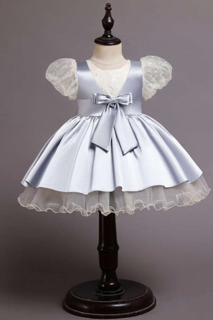 Wine Red Sequin Puff Sleeve Bow Girl Ball Gown