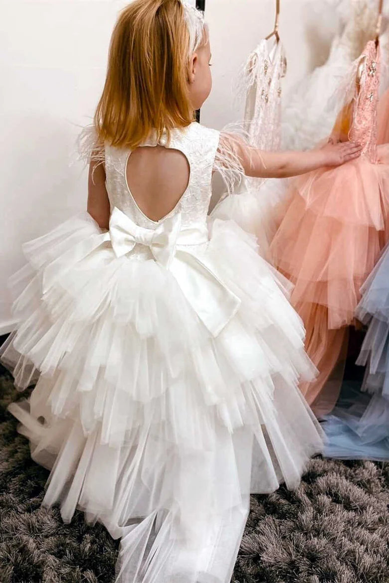 Multi-Tiered White feather Sleeveless Girl Party Dress