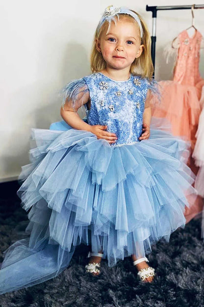 Multi-Tiered White feather Sleeveless Girl Party Dress