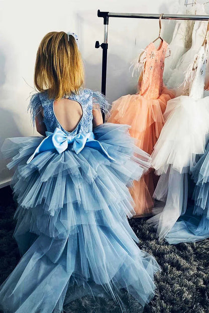 Multi-Tiered White feather Sleeveless Girl Party Dress