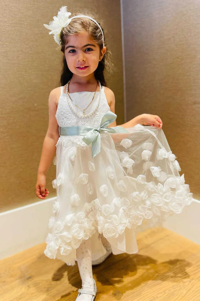 White 3D Flower Bow Front Flower Girl Dress