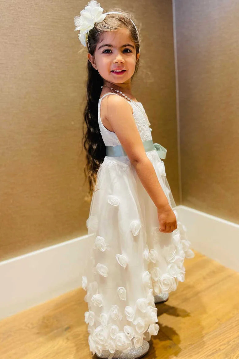 White 3D Flower Bow Front Flower Girl Dress
