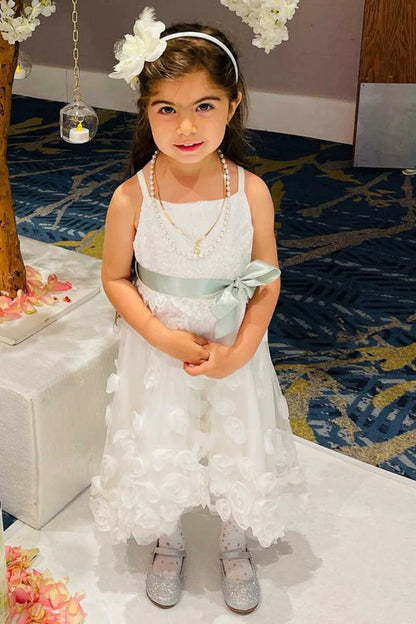 White 3D Flower Bow Front Flower Girl Dress