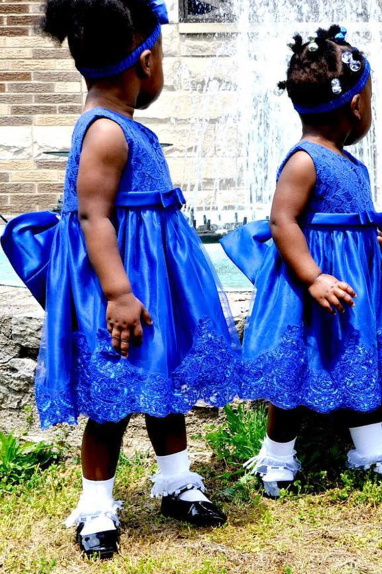 Ocean Blue Lace Bow Back Flower Girl Dress