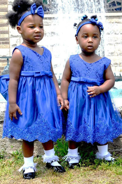 Ocean Blue Lace Bow Back Flower Girl Dress