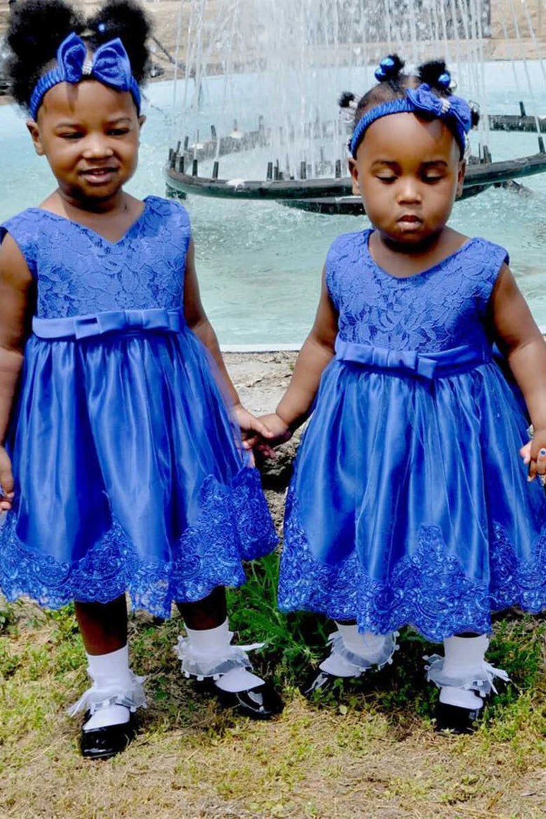 Ocean Blue Lace Bow Back Flower Girl Dress