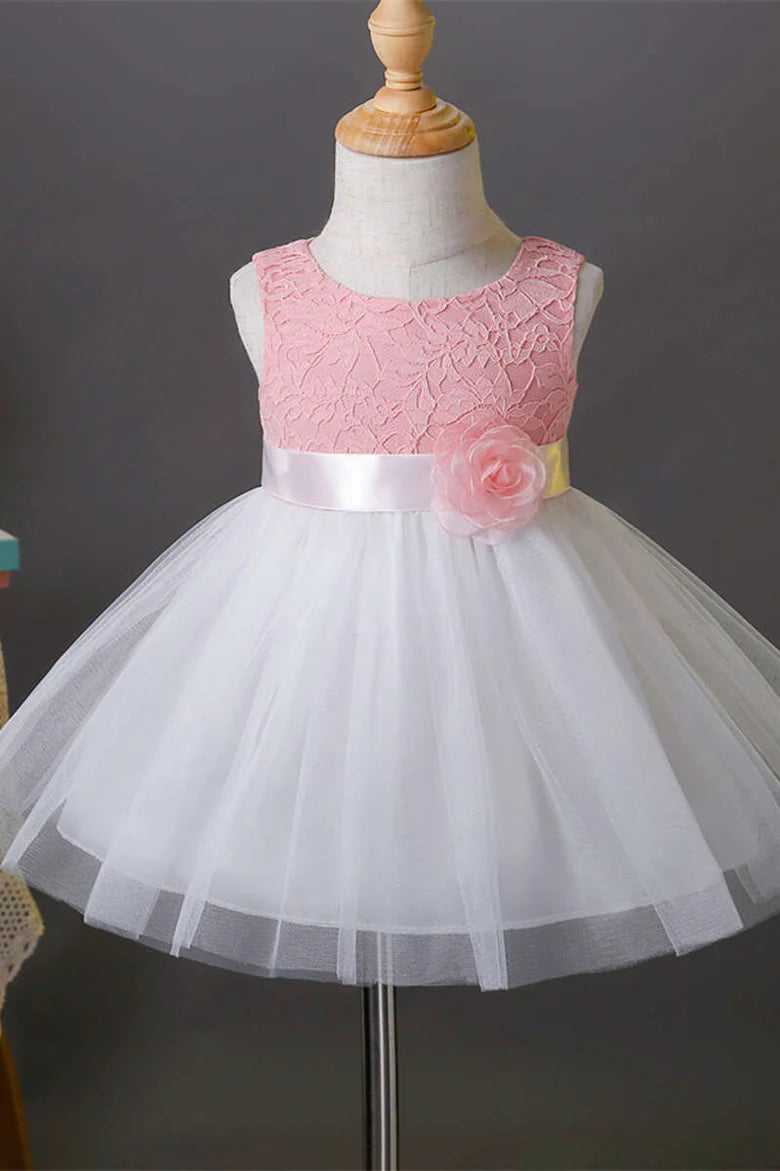 Cute Pink Lace Sleeveless Bow Back A-Line Flower Girl Dress
