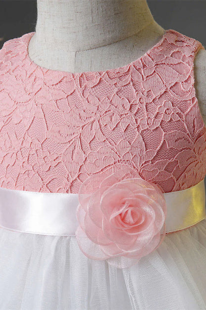 Cute Pink Lace Sleeveless Bow Back A-Line Flower Girl Dress