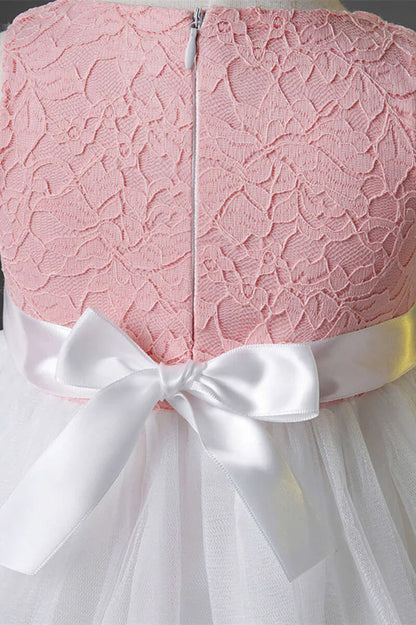 Cute Pink Lace Sleeveless Bow Back A-Line Flower Girl Dress