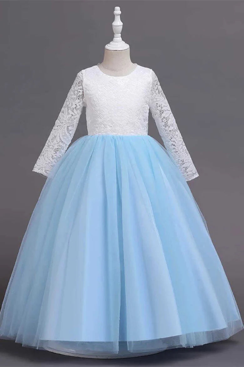 White and Pink Lace Long Sleeve A-Line Flower Girl Dress