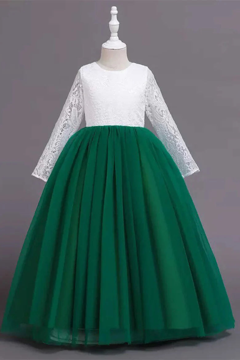 White and Pink Lace Long Sleeve A-Line Flower Girl Dress