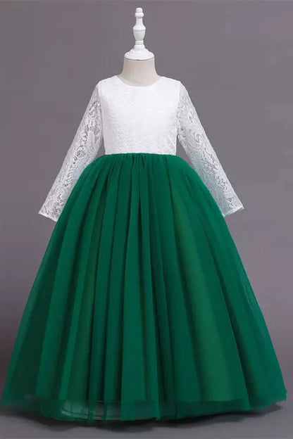 White and Pink Lace Long Sleeve A-Line Flower Girl Dress