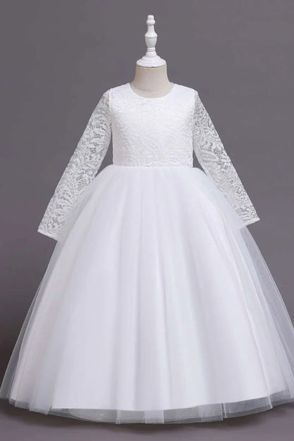 White and Pink Lace Long Sleeve A-Line Flower Girl Dress