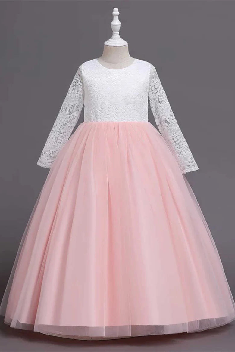White and Pink Lace Long Sleeve A-Line Flower Girl Dress