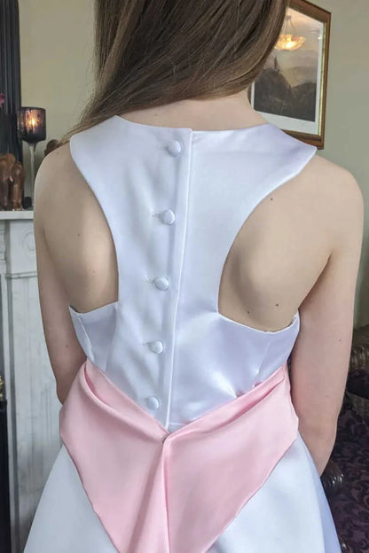 White Satin Banded Waist Cutout Flower Girl Dress