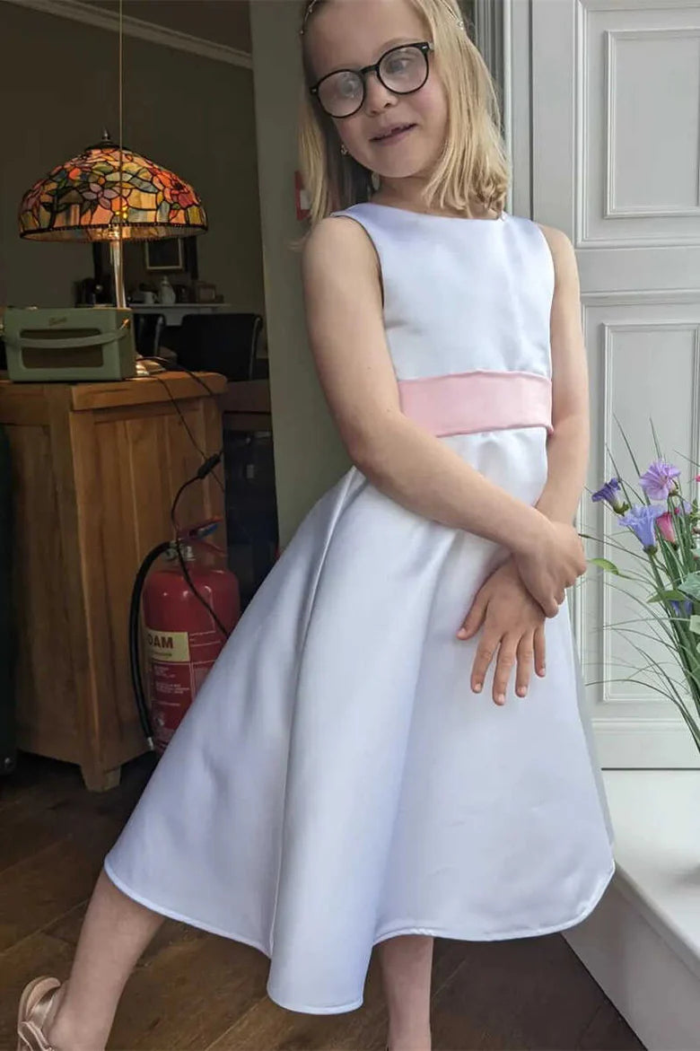 White Satin Banded Waist Cutout Flower Girl Dress