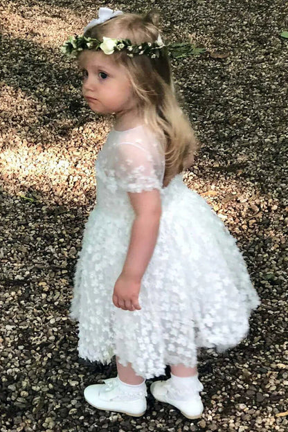 White 3D Flower Short Sleeve A-Line Flower Girl Dress