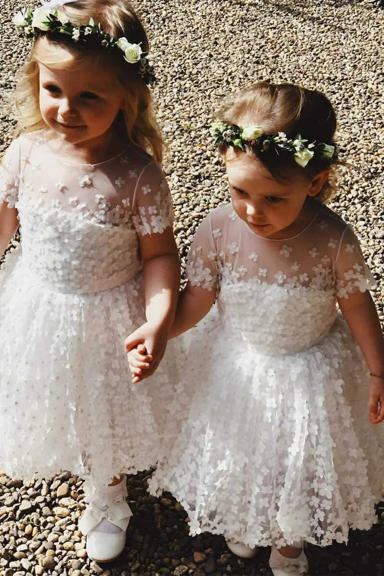 White 3D Flower Short Sleeve A-Line Flower Girl Dress