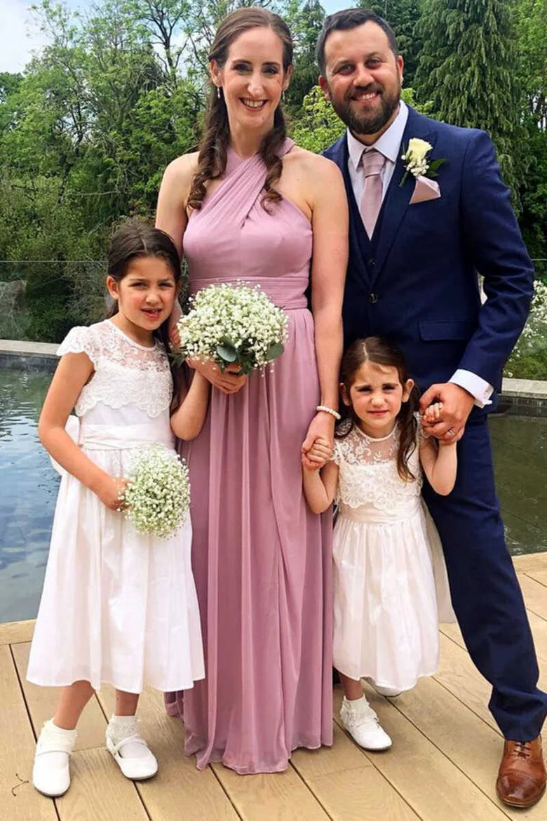 White Lace Cap Sleeve Bow Back Flower Girl Dress