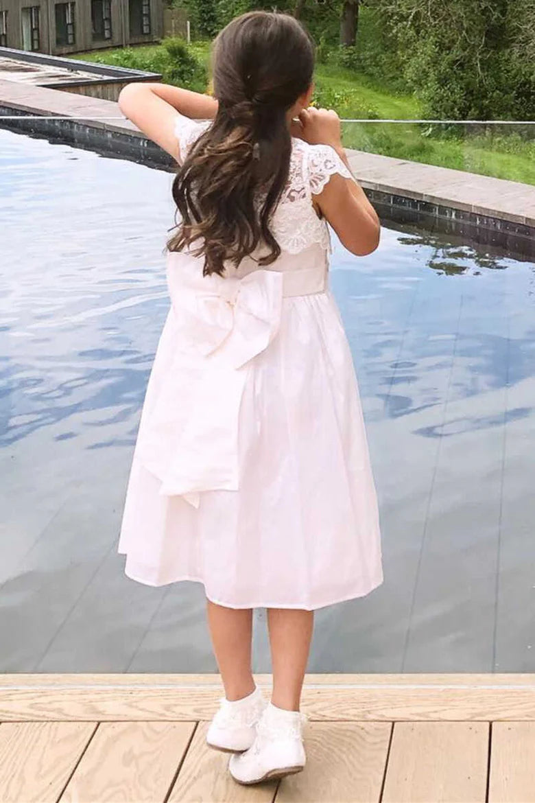 White Lace Cap Sleeve Bow Back Flower Girl Dress