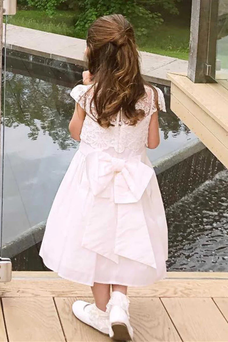White Lace Cap Sleeve Bow Back Flower Girl Dress