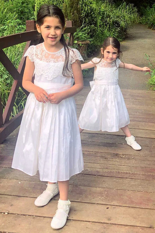 White Lace Cap Sleeve Bow Back Flower Girl Dress