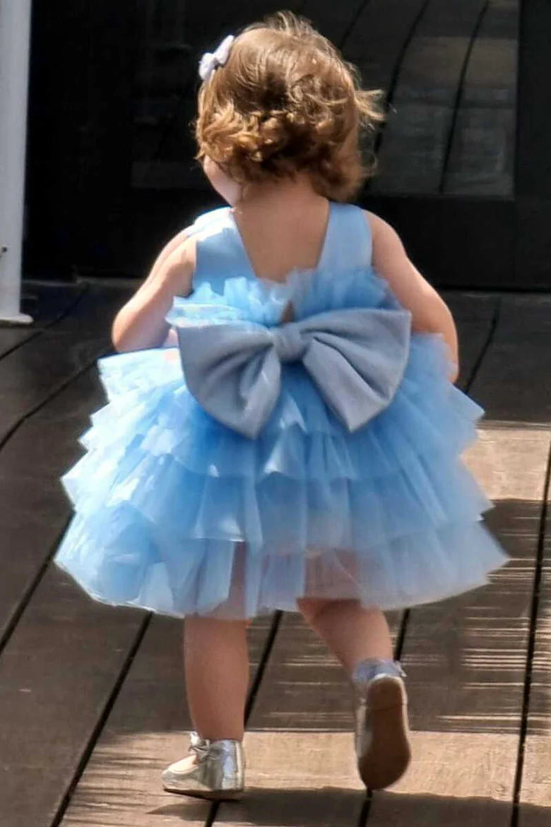 Multi-Tiered Blue Sleeveless Bow Back Flower Girl Dress