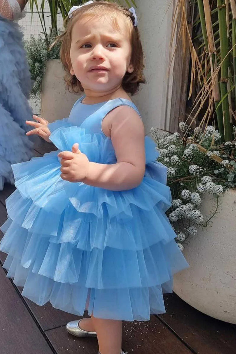 Multi-Tiered Blue Sleeveless Bow Back Flower Girl Dress
