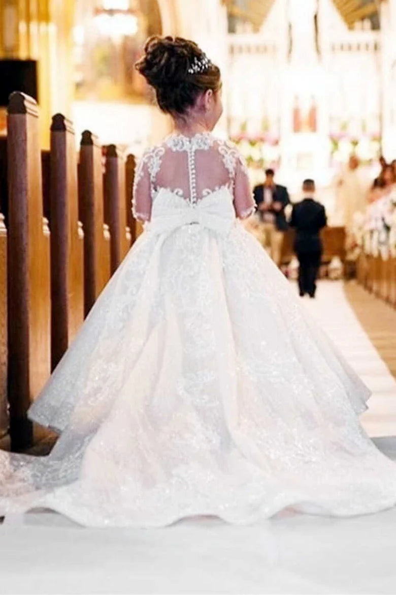 Glamorous White Appliques Long Sleeve Floor-Length Flower Girl Dress