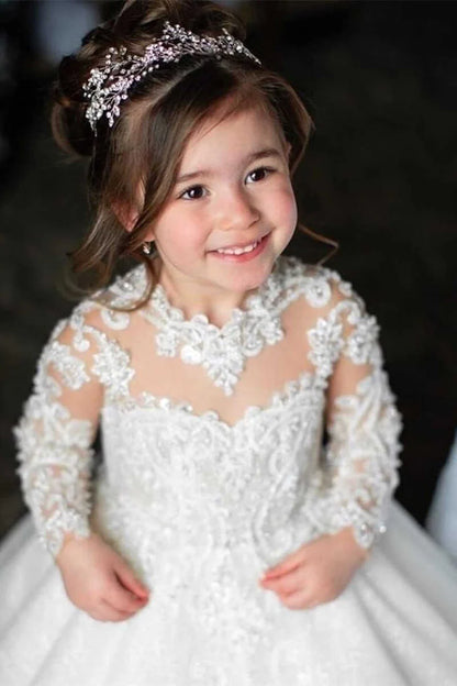 Glamorous White Appliques Long Sleeve Floor-Length Flower Girl Dress
