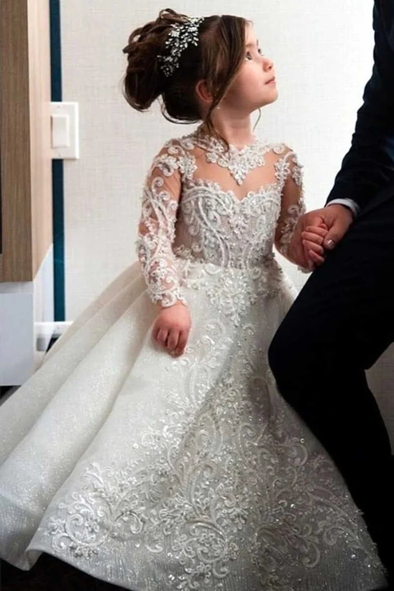 Glamorous White Appliques Long Sleeve Floor-Length Flower Girl Dress