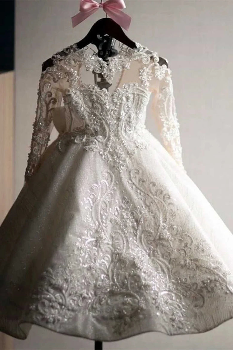 Glamorous White Appliques Long Sleeve Floor-Length Flower Girl Dress