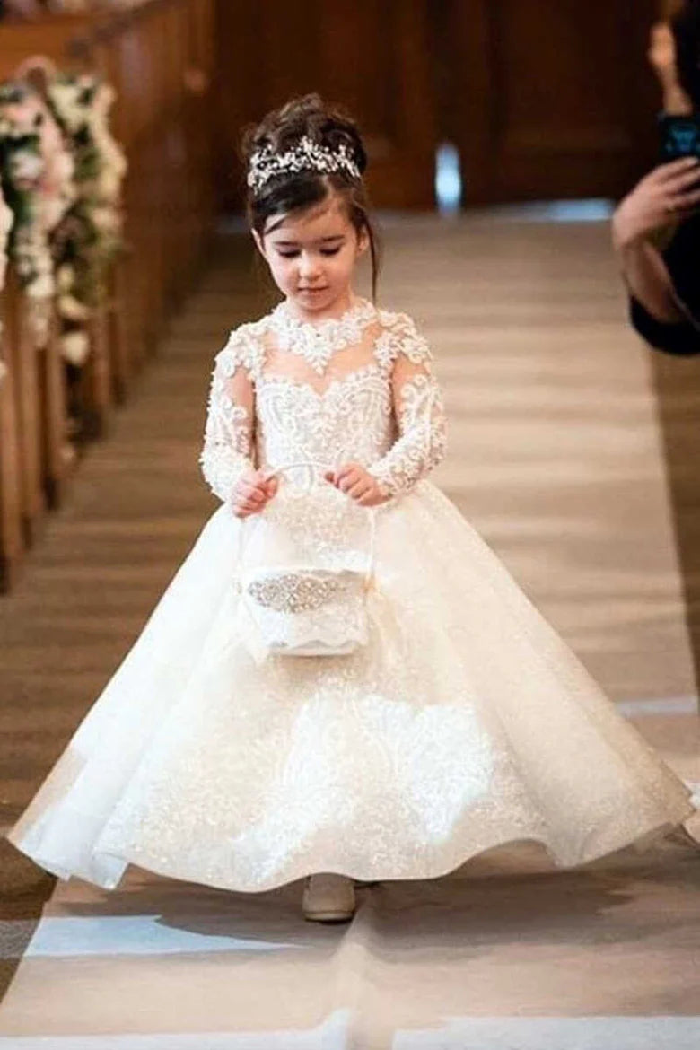 Glamorous White Appliques Long Sleeve Floor-Length Flower Girl Dress