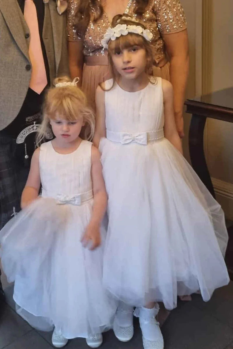 White Tulle Crew Neck A-Line Flower Girl Dress