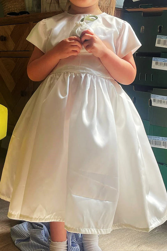 White Satin Short Sleeve Bow Back Flower Girl Dress