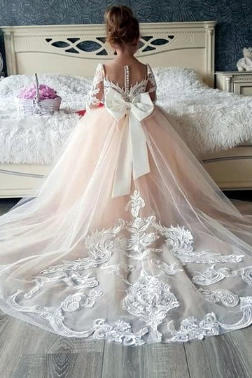 White Lace Off-the-Shoulder Floor-Length Flower Girl Dress