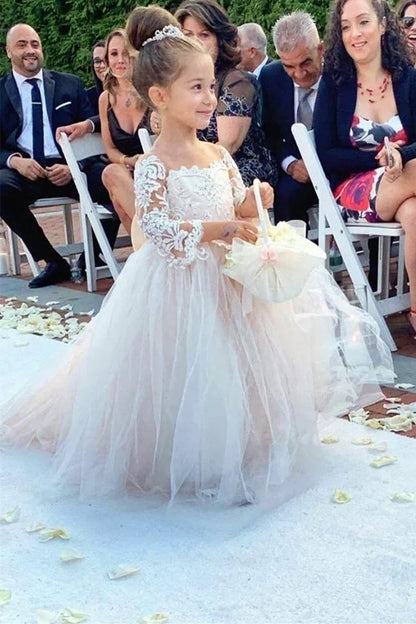 White Lace Off-the-Shoulder Floor-Length Flower Girl Dress