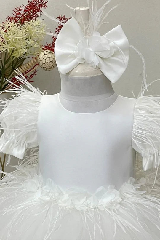 White Feather Bow Back Tiered Girl Party Dress