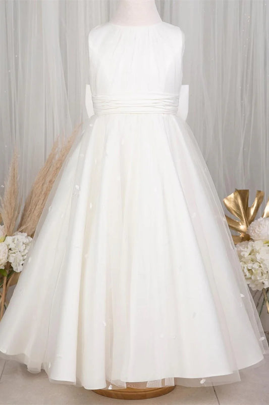 White Rounded Neck Bow-Back Girl Birthday Dress