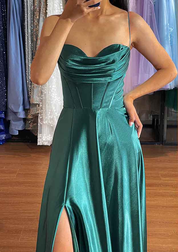 A-line Sweetheart Sleeveless Long/Floor-Length Charmeuse Prom Dress With Pleated Split