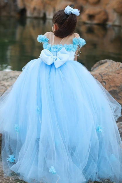 Princess Blue Flower Bow Back Girl Birthday Dress