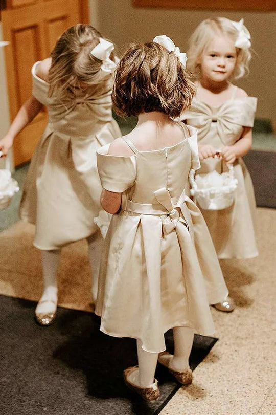 Champagne Straps Bow Front A-Line Flower Girl Dress