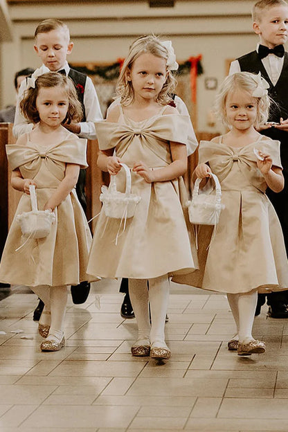 Champagne Straps Bow Front A-Line Flower Girl Dress