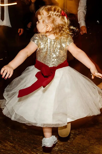 Gold &White Tie-Back A-Line Flower Girl Dress