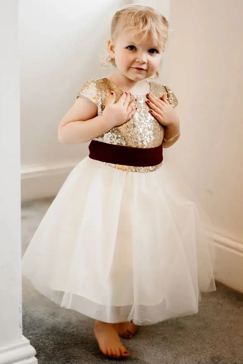 Gold &White Tie-Back A-Line Flower Girl Dress