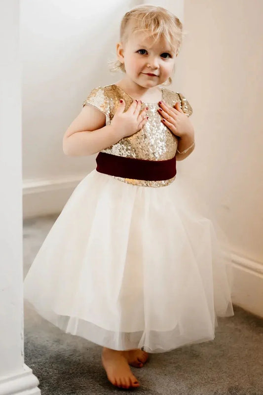 Gold &White Tie-Back A-Line Flower Girl Dress