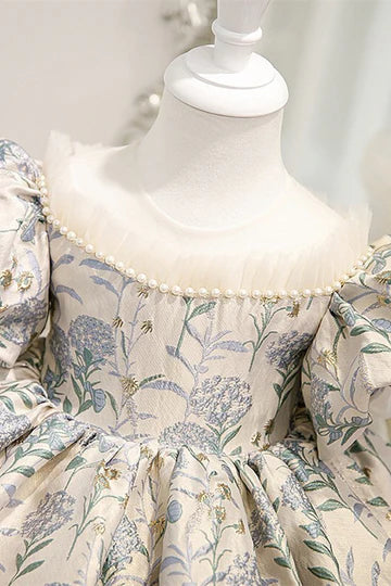 Vintage Pearls Puff Sleeve Girl Party Dress