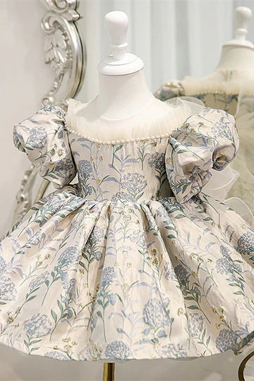 Vintage Pearls Puff Sleeve Girl Party Dress