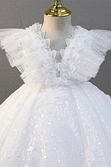 White Sequins Butterfly Ruffled Sleeve Girl Party Dress